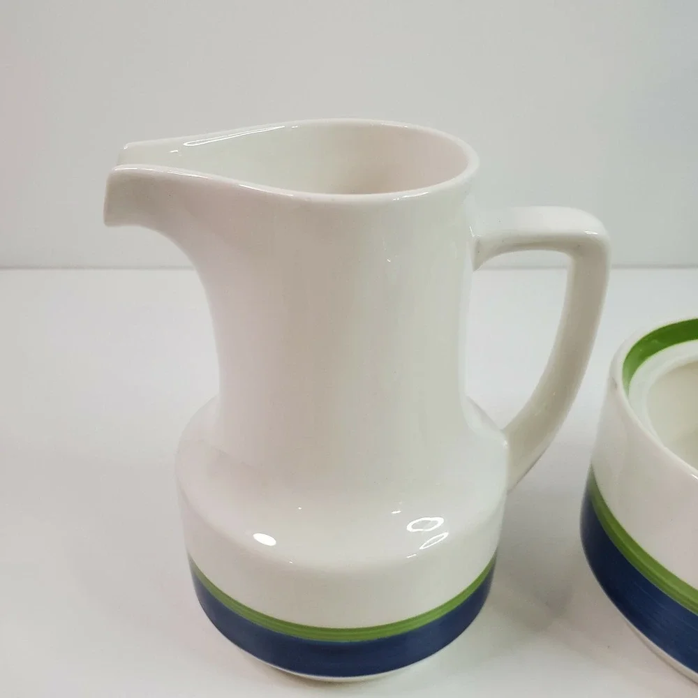 Retro Vintage Noritake Craftone Polka 8758 Cream & Sugar Set White Blue Green